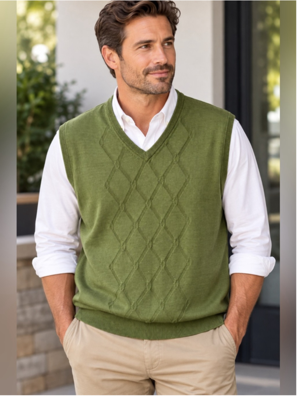 TEHAMA Olive Green V-Neck Argyle Knit Vest Size L Preppy Classic Grandpa Core